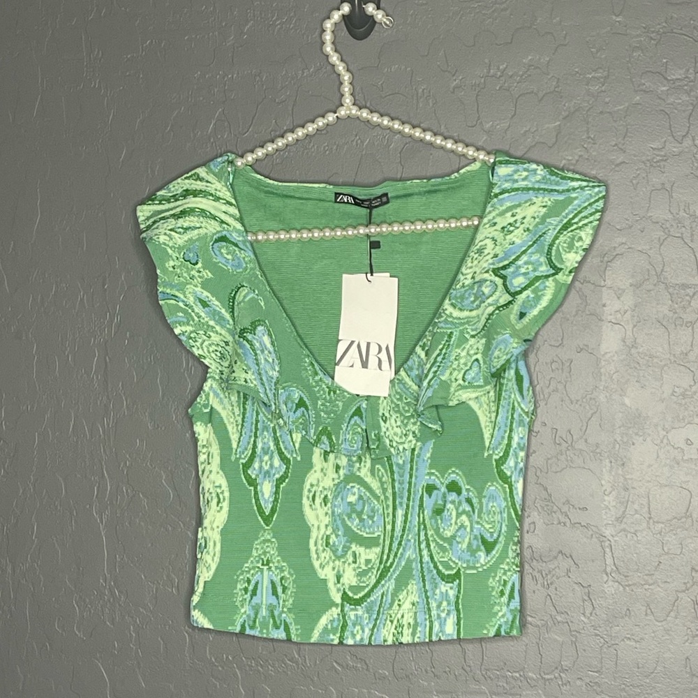 Zara Green V Neck Ruffle Top